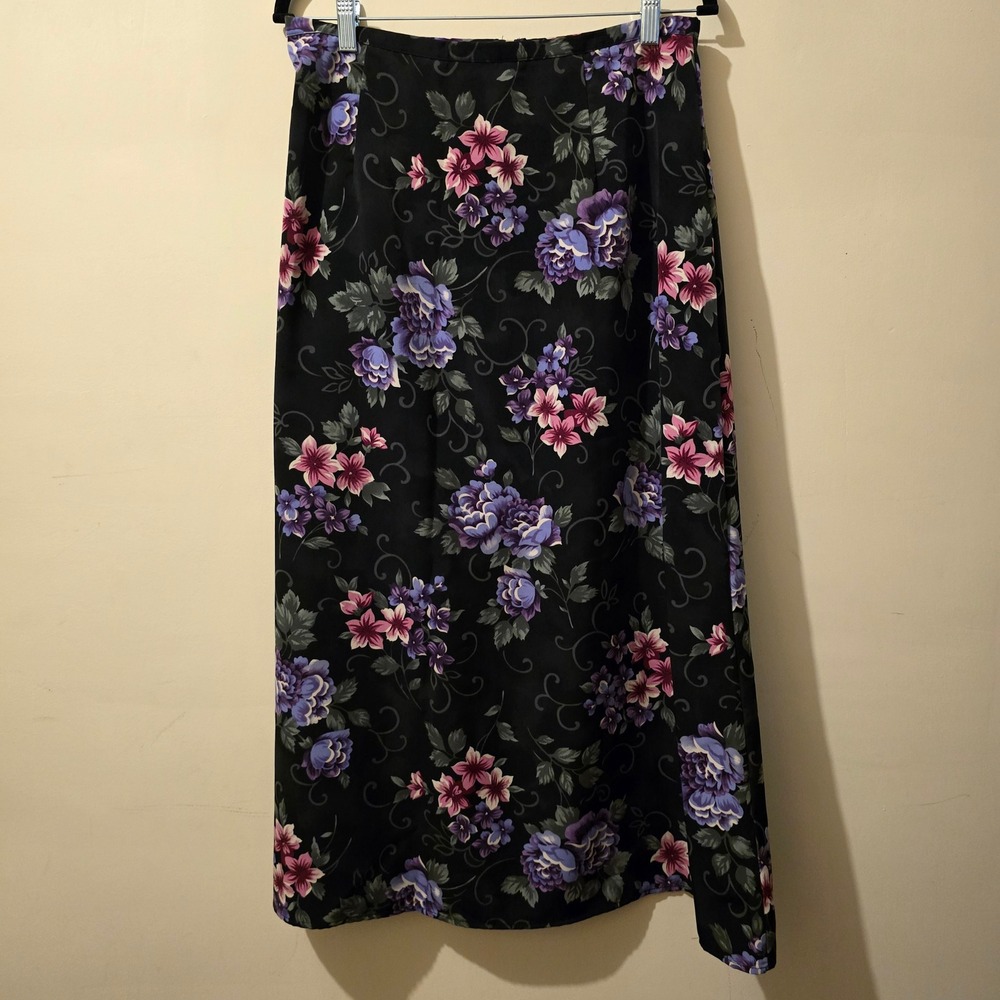 Vintage 90s Jaclyn Smith Skirt Womens 14 Black Purple Floral Maxi Cottagecore